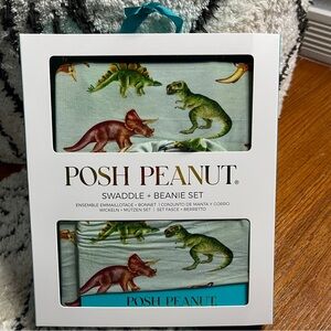 Posh Peanut Buddy Dinosaur Swaddle + Beanie Set Bamboo Baby Blanket NWT OS Hat